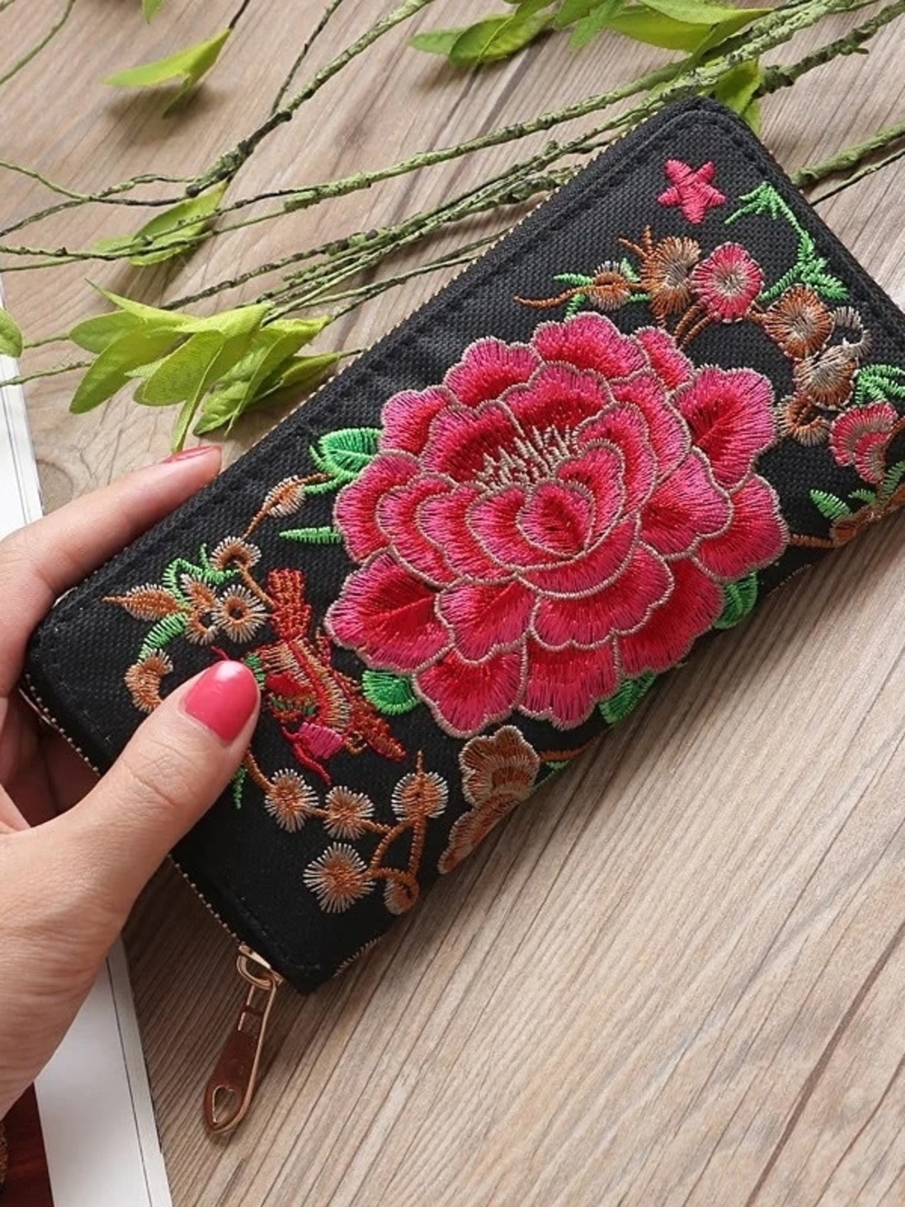 Embroidered Floral Zip Wallet - Black with Pink Flower